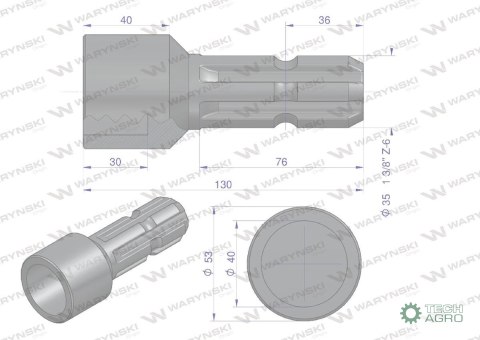 Redukcja adapter otwór wew. Q 40 mm na wałek 1 3/8" 6 wpustów WARYŃSKI Redukcja adapter otwór wew. Q 40 mm na wałek 1 3/8" 6 wpustów WARYŃSKI