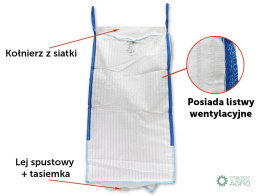 Worek BIG BAG 1000kg. wentylowany. 95 x 95 x 180. 4 uchwyty. Kołnierz/Lej spustowy. Tasiemka /TEGER