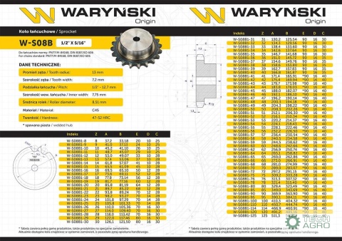 Koło zębate hartowane z kołnierzem 08B-1 (R1 1/2) Z-32 Waryński