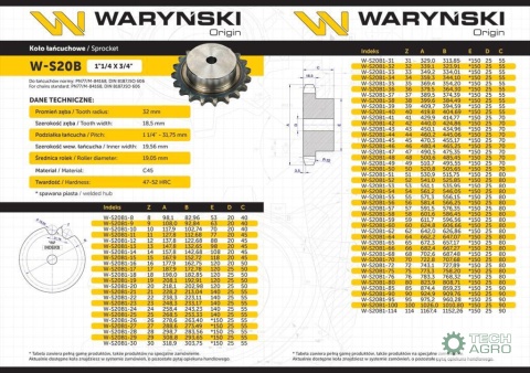 Koło zębate hartowane z kołnierzem 20B-1 (R1 1.1/4) Z-10 Waryński