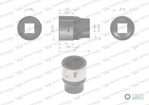 "Nasadka dwunastokątna 3/8"". 17 mm. CrV 0BV30. DIN 3124. Waryński "Nasadka dwunastokątna 3/8"". 17 mm. CrV 0BV30. DIN 3124. Waryński