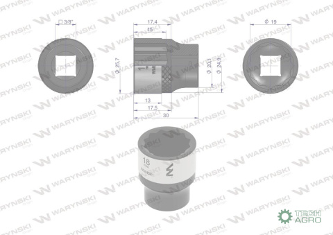 "Nasadka dwunastokątna 3/8"". 18 mm. CrV 0BV30. DIN 3124. Waryński "Nasadka dwunastokątna 3/8"". 18 mm. CrV 0BV30. DIN 3124. Waryński