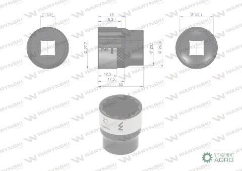 "Nasadka dwunastokątna 3/8"". 21 mm. CrV 0BV30. DIN 3124. Waryński "Nasadka dwunastokątna 3/8"". 21 mm. CrV 0BV30. DIN 3124. Waryński