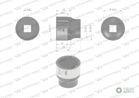 "Nasadka dwunastokątna 3/8"". 23 mm. CrV 0BV30. DIN 3124. Waryński "Nasadka dwunastokątna 3/8"". 23 mm. CrV 0BV30. DIN 3124. Waryński