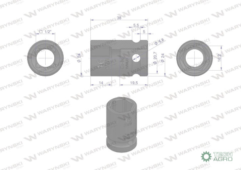 Nasadka udarowa sześciokątna 1/2". 16 mm. CrMo. DIN 3129. Waryński Nasadka udarowa sześciokątna 1/2". 16 mm. CrMo. DIN 3129. Waryński