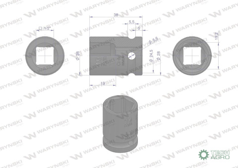 Nasadka udarowa sześciokątna 1/2". 19 mm. CrMo. DIN 3129. Waryński Nasadka udarowa sześciokątna 1/2". 19 mm. CrMo. DIN 3129. Waryński