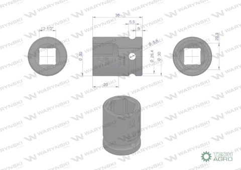 Nasadka udarowa sześciokątna 1/2". 20 mm. CrMo. DIN 3129. Waryński Nasadka udarowa sześciokątna 1/2". 20 mm. CrMo. DIN 3129. Waryński