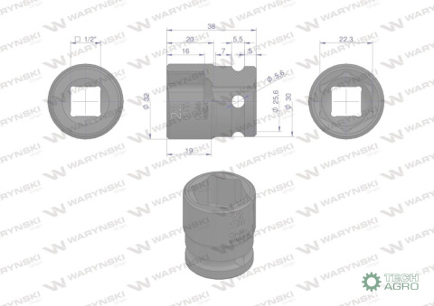 Nasadka udarowa sześciokątna 1/2". 22 mm. CrMo. DIN 3129. Waryński Nasadka udarowa sześciokątna 1/2". 22 mm. CrMo. DIN 3129. Waryński