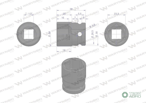 Nasadka udarowa sześciokątna 1/2". 23 mm. CrMo. DIN 3129. Waryński Nasadka udarowa sześciokątna 1/2". 23 mm. CrMo. DIN 3129. Waryński