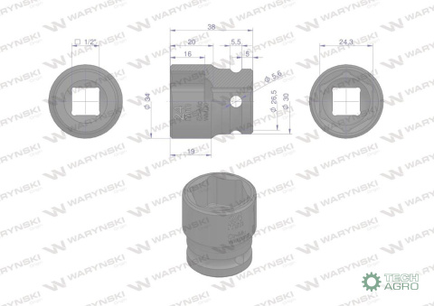 Nasadka udarowa sześciokątna 1/2". 24 mm. CrMo. DIN 3129. Waryński Nasadka udarowa sześciokątna 1/2". 24 mm. CrMo. DIN 3129. Waryński