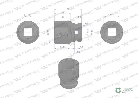 Nasadka udarowa sześciokątna 1/2". 25 mm. CrMo. DIN 3129. Waryński Nasadka udarowa sześciokątna 1/2". 25 mm. CrMo. DIN 3129. Waryński
