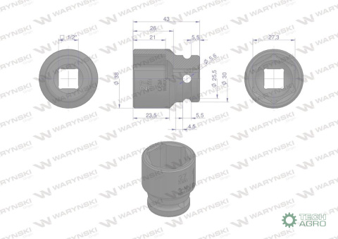 Nasadka udarowa sześciokątna 1/2". 27 mm. CrMo. DIN 3129. Waryński Nasadka udarowa sześciokątna 1/2". 27 mm. CrMo. DIN 3129. Waryński