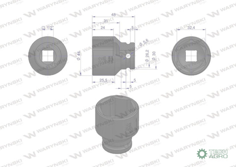 Nasadka udarowa sześciokątna 1/2". 32 mm. CrMo. DIN 3129. Waryński Nasadka udarowa sześciokątna 1/2". 32 mm. CrMo. DIN 3129. Waryński
