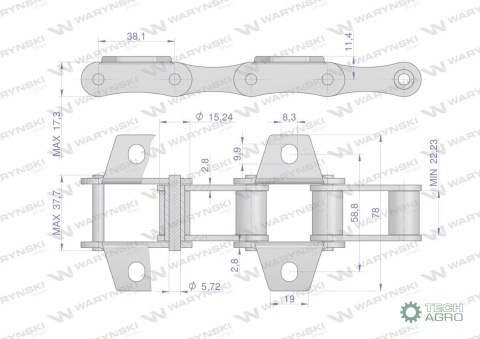 Łańcuch podajnika S52 łapka K1 co 2 ogniwa 5m Waryński