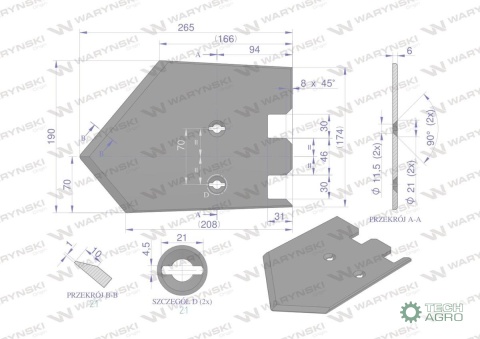 Lemiesz 192mm, listwowy prawy szerokośćwyorywania 620mm, zastosowanie Grimme, Waryński