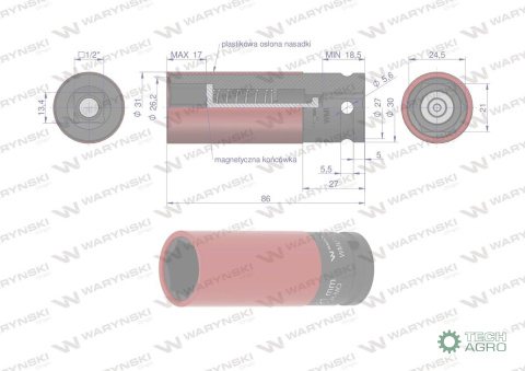 Nasadka udarowa 1/2 z magnesem do felg aluminiowych. 21mm. Waryński Nasadka udarowa 1/2 z magnesem do felg aluminiowych. 21mm. Waryński