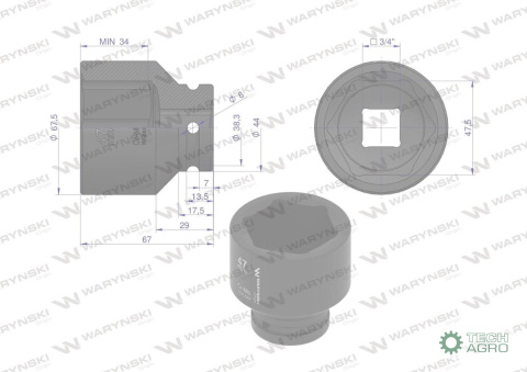 Nasadka udarowa sześciokątna 3/4". 47 mm. CrMo. DIN 3129. Waryński Nasadka udarowa sześciokątna 3/4". 47 mm. CrMo. DIN 3129. Waryński