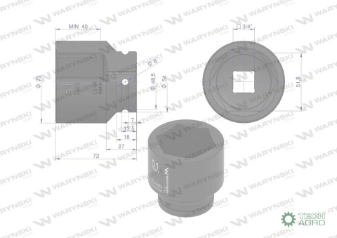 Nasadka udarowa sześciokątna 3/4". 51 mm. CrMo. DIN 3129. Waryński Nasadka udarowa sześciokątna 3/4". 51 mm. CrMo. DIN 3129. Waryński