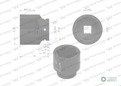Nasadka udarowa sześciokątna 3/4". 52 mm. CrMo. DIN 3129. Waryński Nasadka udarowa sześciokątna 3/4". 52 mm. CrMo. DIN 3129. Waryński
