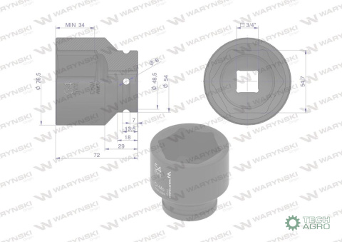 Nasadka udarowa sześciokątna 3/4". 54 mm. CrMo. DIN 3129. Waryński Nasadka udarowa sześciokątna 3/4". 54 mm. CrMo. DIN 3129. Waryński
