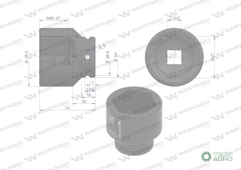 Nasadka udarowa sześciokątna 3/4". 55 mm. CrMo. DIN 3129. Waryński Nasadka udarowa sześciokątna 3/4". 55 mm. CrMo. DIN 3129. Waryński