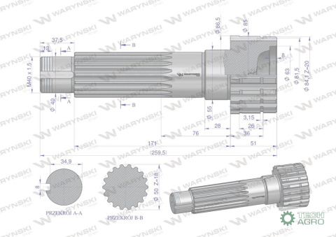 Wał napędzający reduktora 80121187 C-385 WARYŃSKI Wał napędzający reduktora 80121187 C-385 WARYŃSKI