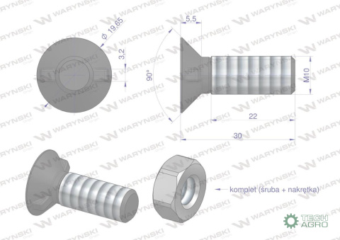 Śruba kpl. płużna dwunoskowa większy łeb M10x30 mm kl.10.9 Waryński Śruba kpl. płużna dwunoskowa większy łeb M10x30 mm kl.10.9 Waryński