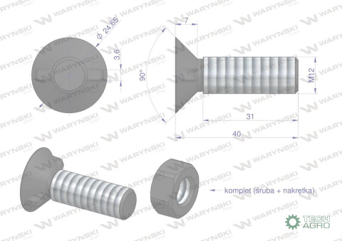 Śruba kpl. płużna dwunoskowa większy łeb M12x40 mm kl.12.9 Waryński ( sprzedawane po 25 ) Śruba kpl. płużna dwunoskowa większy łeb M12x40 mm kl.12.9 Waryński ( sprzedawane po 25 )