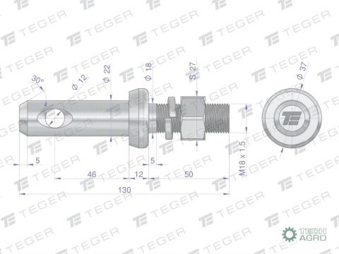 Sworzeń z gwintem T-SG22461845130 fi 22/46 mm M18x1.5/45 mm 130 mm TEGER Sworzeń z gwintem T-SG22461845130 fi 22/46 mm M18x1.5/45 mm 130 mm TEGER