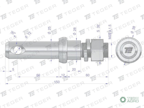 Sworzeń z gwintem T-SG25602240150 fi 25/60 mm M22x1.5/40 mm 150 mm TEGER Sworzeń z gwintem T-SG25602240150 fi 25/60 mm M22x1.5/40 mm 150 mm TEGER