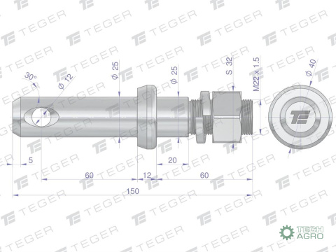 Sworzeń z gwintem T-SG25602550150 fi 25/60 mm M22x1.5/40 mm 150 mm TEGER Sworzeń z gwintem T-SG25602550150 fi 25/60 mm M22x1.5/40 mm 150 mm TEGER