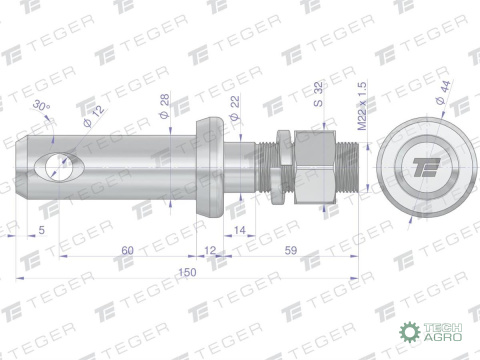 Sworzeń z gwintem T-SG28602245150 fi 28/60 mm M22x1.5/45 mm 150 mm TEGER Sworzeń z gwintem T-SG28602245150 fi 28/60 mm M22x1.5/45 mm 150 mm TEGER