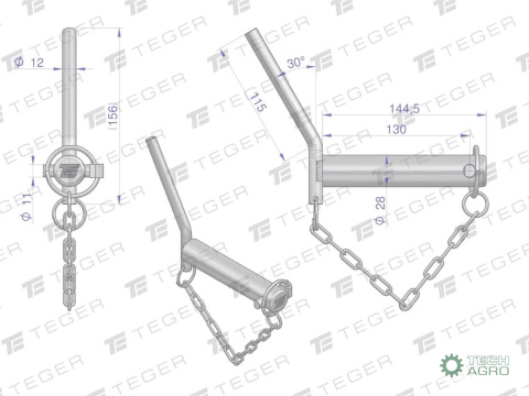 Sworzeń zaczepu z wygiętym uchwytem 28x130 TEGER Sworzeń zaczepu z wygiętym uchwytem 28x130 TEGER
