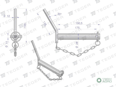 Sworzeń zaczepu z wygiętym uchwytem 28x175 TEGER Sworzeń zaczepu z wygiętym uchwytem 28x175 TEGER