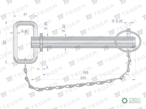 Sworzeń zaczepu z zawleczką i łańcuchem 22x165x200 TEGER Sworzeń zaczepu z zawleczką i łańcuchem 22x165x200 TEGER