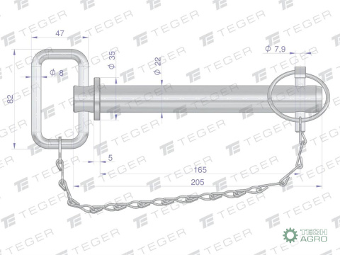 Sworzeń zaczepu z zawleczką i łańcuchem 22x165x205 TEGER Sworzeń zaczepu z zawleczką i łańcuchem 22x165x205 TEGER