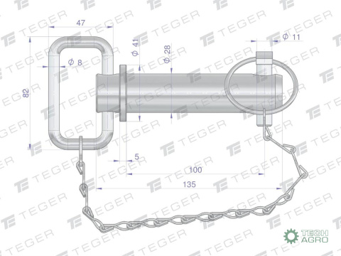 Sworzeń zaczepu z zawleczką i łańcuchem 28x100x127 TEGER Sworzeń zaczepu z zawleczką i łańcuchem 28x100x127 TEGER