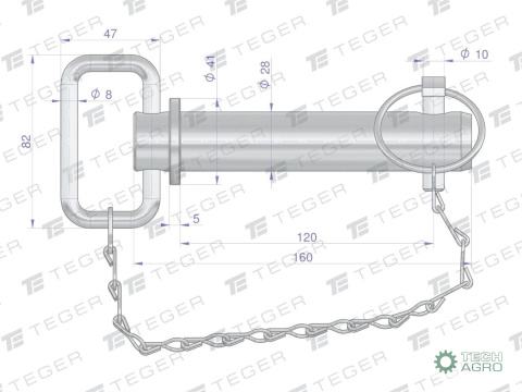 Sworzeń zaczepu z zawleczką i łańcuchem 28x120x160 TEGER Sworzeń zaczepu z zawleczką i łańcuchem 28x120x160 TEGER