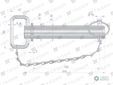Sworzeń zaczepu z zawleczką i łańcuchem 32x165x200 TEGER Sworzeń zaczepu z zawleczką i łańcuchem 32x165x200 TEGER