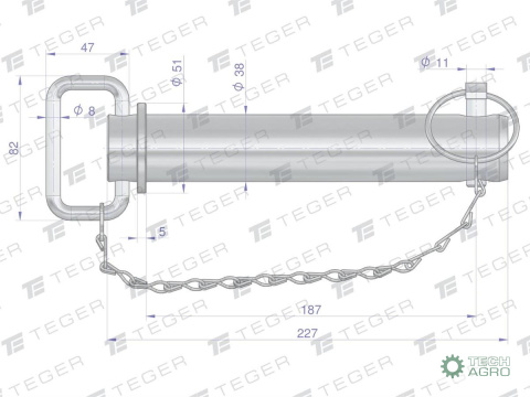 Sworzeń zaczepu z zawleczką i łańcuchem 38x187x227 TEGER Sworzeń zaczepu z zawleczką i łańcuchem 38x187x227 TEGER