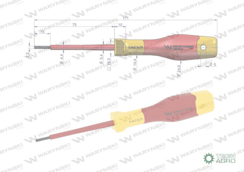 Wkrętak płaski. izolowany 2.5 x 75 mm. VDE. stal S2, Waryński Wkrętak płaski. izolowany 2.5 x 75 mm. VDE. stal S2, Waryński