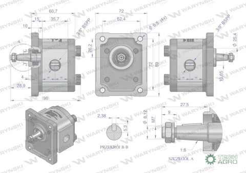 Pompa hydrauliczna zębata 1.0cm3 (grupa 1 - typ europejski) wałek 1:8 przyłącza obustronnie gwinty wewnętrzne 3/8 (obroty prawe Pompa hydrauliczna zębata 1.0cm3 (grupa 1 - typ europejski) wałek 1:8 przyłącza obustronnie gwinty wewnętrzne 3/8 (obroty prawe