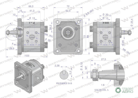 Pompa hydrauliczna zębata 2.5cm3 (grupa 1 - typ europejski) wałek 1:8 przyłącza gwintowane (obroty prawe) max.260 bar Waryński Pompa hydrauliczna zębata 2.5cm3 (grupa 1 - typ europejski) wałek 1:8 przyłącza gwintowane (obroty prawe) max.260 bar Waryński