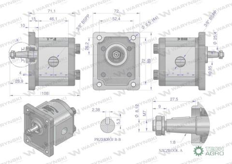 Pompa hydrauliczna zębata 3.8cm3 (grupa 1 - typ europejski) wałek 1:8 przyłącza obustronnie gwinty wewnętrzne 3/8 (obroty prawe Pompa hydrauliczna zębata 3.8cm3 (grupa 1 - typ europejski) wałek 1:8 przyłącza obustronnie gwinty wewnętrzne 3/8 (obroty prawe
