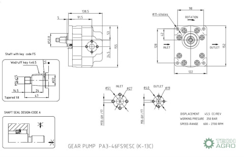 Pompa hydrauliczna zębata (do przyczepy leśnej) PA3-46FS9ESC 45.5cm3/obr Waryński Pompa hydrauliczna zębata (do przyczepy leśnej) PA3-46FS9ESC 45.5cm3/obr Waryński