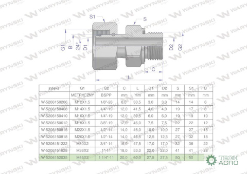 Przyłączka hydrauliczna AB (EVGE) M45x2 35L x 1 1/4" BSP ED Waryński