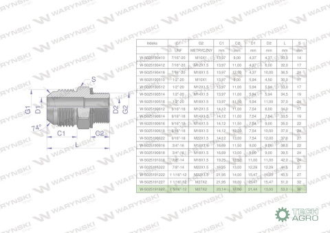 Przyłączka hydrauliczna BB 1 5/16"UNF (J JIC) x M27x2 (XGE) Waryński