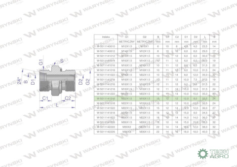 Przyłączka hydrauliczna metryczna BB (XGE) M22x1.5 15L x M16x1.5 ED Waryński ( sprzedawane po 10 ) Przyłączka hydrauliczna metryczna BB (XGE) M22x1.5 15L x M16x1.5 ED Waryński ( sprzedawane po 10 )