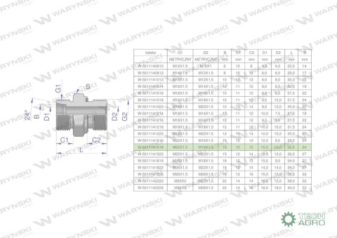 Przyłączka hydrauliczna metryczna BB (XGE) M22x1.5 15L x M18x1.5 ED Waryński ( sprzedawane po 10 )
