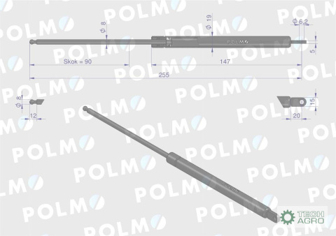 Siłownik szyberdachu L max. 255mm 65417046 FIAT POLMO Siłownik szyberdachu L max. 255mm 65417046 FIAT POLMO